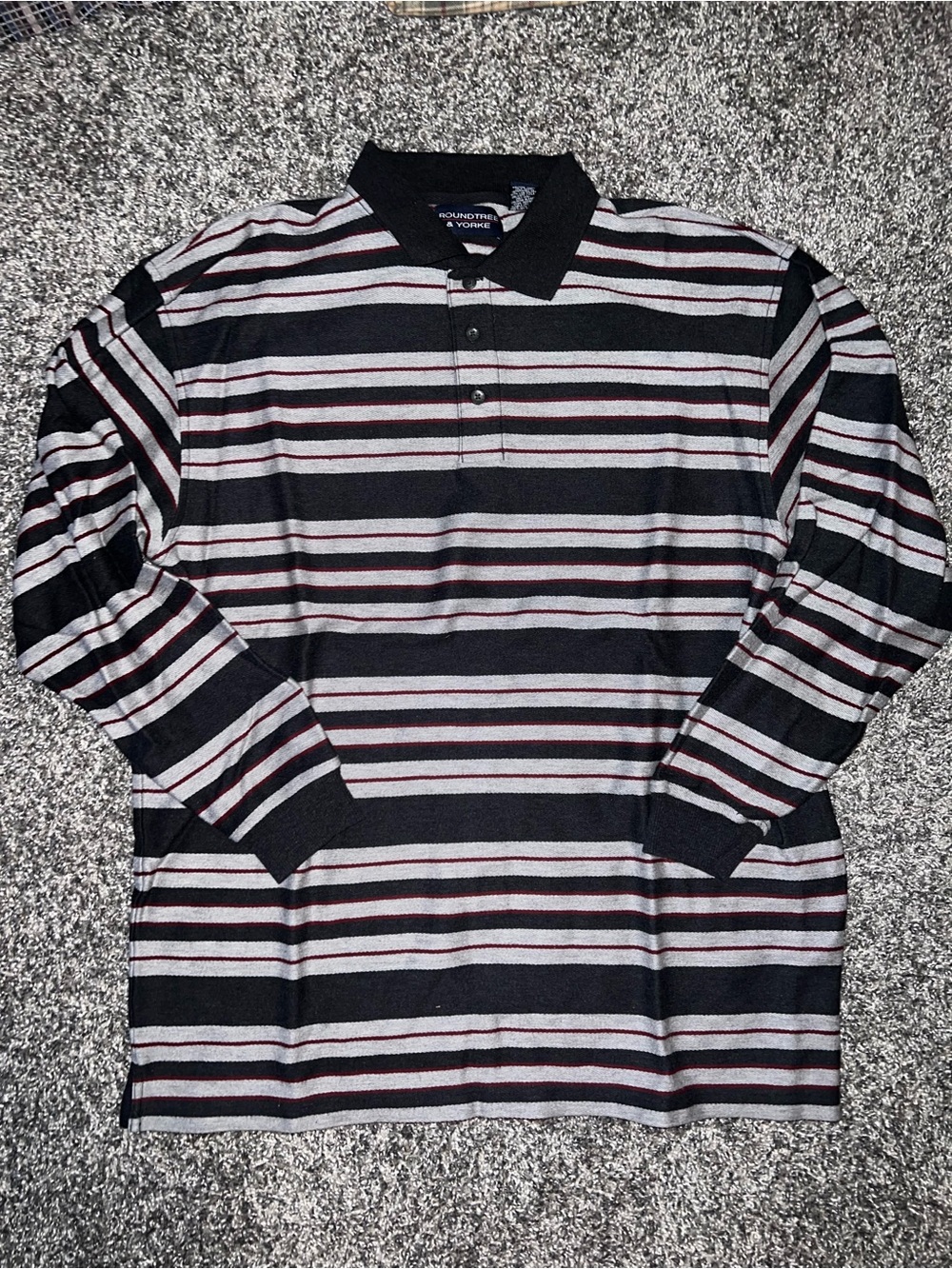 Roundtree & Yorke Black, Gray & Maroon Striped Long-Sleeve Polo